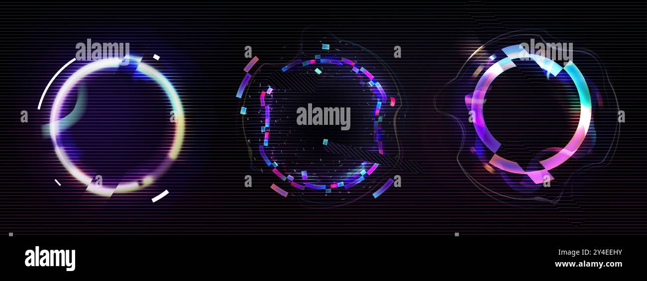 Glitcheffekt-Kreis in Neon. Digitaler Ringrahmen mit Cyber-Licht. Futuristisch gebrochene Pixel und Rauschgrafkante. Minimale dynamische holographische Verzerrung Avatar-Illustration. Farbfehler-Illusion Stock Vektor