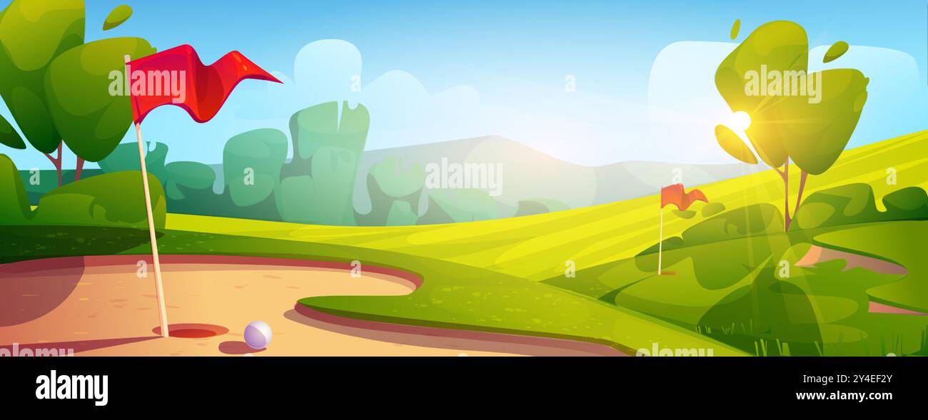 Sommer Golfplatz Hintergrund. Vektor-Karikaturillustration des Golfplatzes auf Hügeln mit grünem Rasen und Bäumen, helle Sonne scheint in blauem Himmel, rote Flagge und Ball in der Nähe von Loch, Outdoor-Sport-Aktivität Stock Vektor