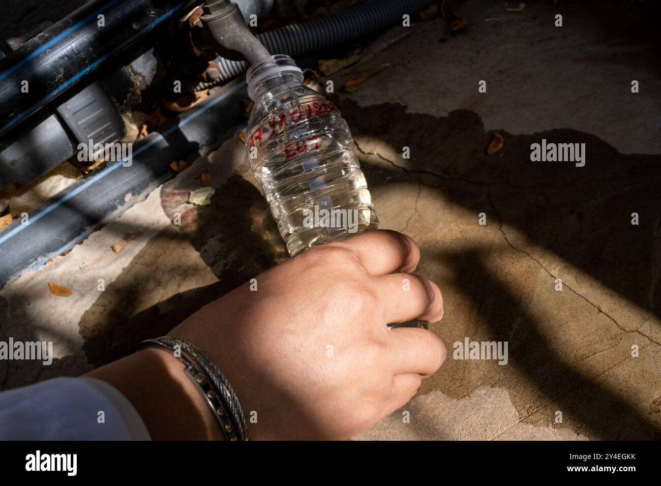 Prüfung der Wasserqualität einer experimentellen Abwasseraufbereitungsanlage mit einem Pflanzenfilter, der einen Lehrgarten am Ain Chock Facul bewässert Stockfoto