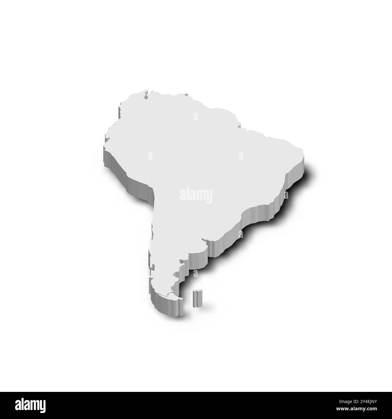 Eine 3D-Darstellung Südamerikas in Grau, die die Kontinentalform mit einem subtilen Schatteneffekt hervorhebt. Das Design betont geografische Konturen in einem minimalistischen Stil. Stock Vektor
