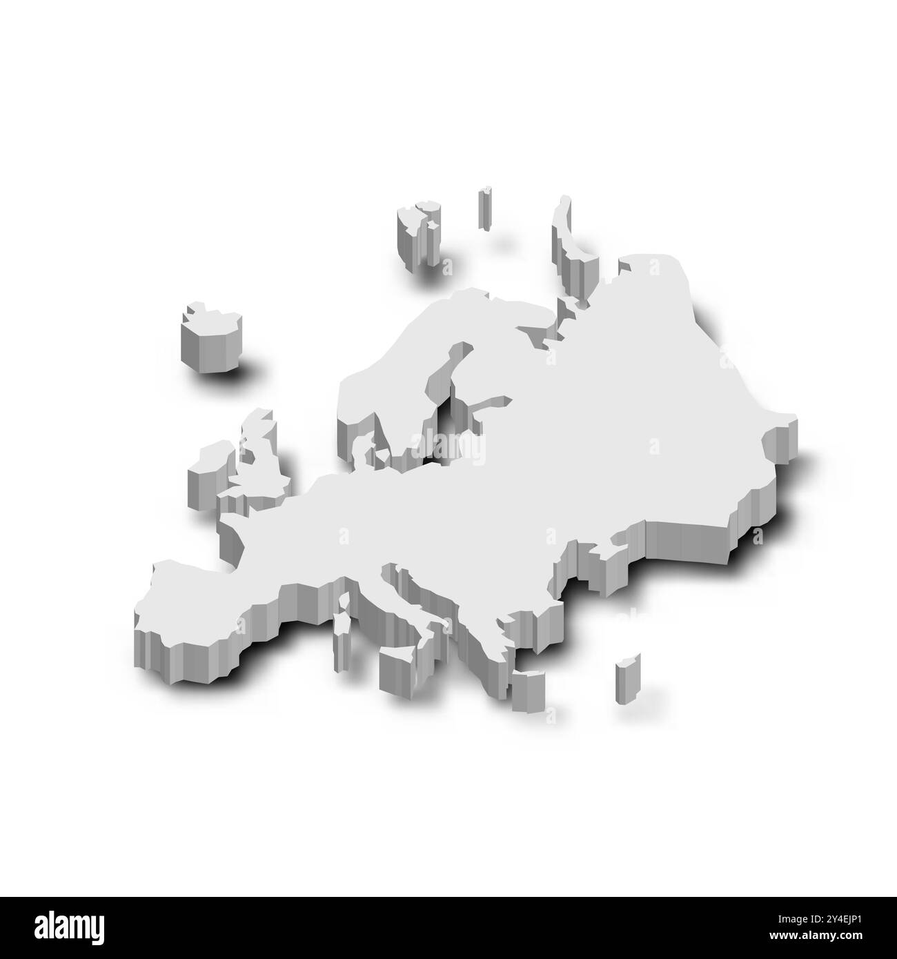 Eine detaillierte geografische Darstellung Europas in einem grauen 3D-Silhouettenformat. Diese Vektorkarte hebt die Kontinentalform mit Schatteneffekten für die Tiefe hervor. Stock Vektor