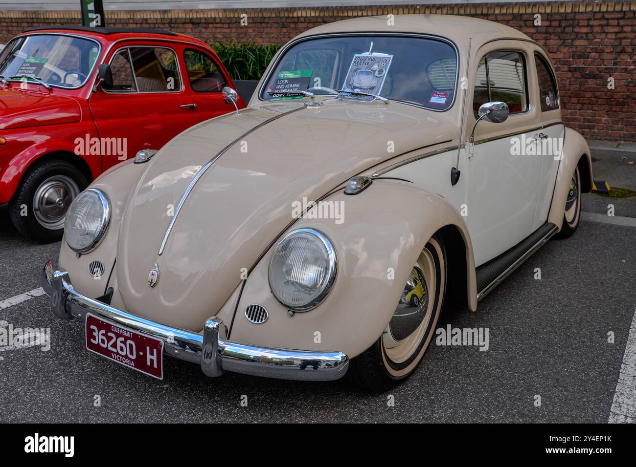 Zweifarben-Volkswagen Käfer von 1966 mit zeitgenössischem Chromzierrat, Weißwandreifen und klassischem luftgekühltem Design in Victoria, Australien. Stockfoto