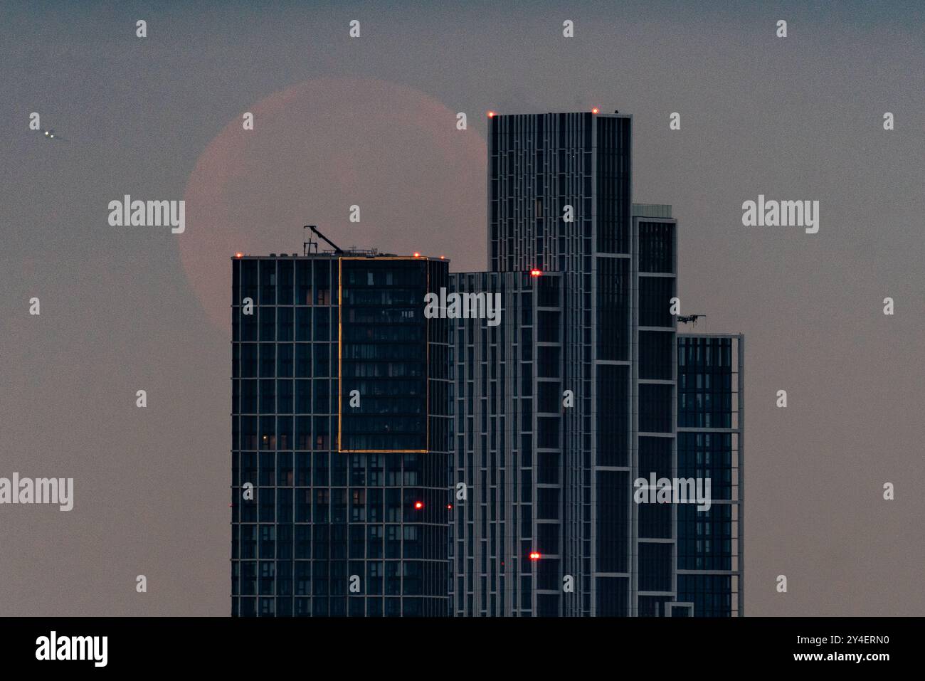 London, Großbritannien. September 2024. Wetter in Großbritannien: Ein fast voller Corn Supermoon, 98 % beleuchtet, beginnt in den frühen Morgenstunden des Mittwochs und bewegt sich in westlicher Richtung. Der zweite von vier Supermoons, der 2024 erschien. Der Vollkornmond im September wird so genannt, weil dort am Ende der Sommersaison Erntegut gesammelt werden, auch „Gerstenmond“ genannt, und er ist oft der nächste Vollmond zum Herbstnachtgleiche und verdient den Titel „Erntemond“. Guy Corbishley/Alamy Live News Stockfoto