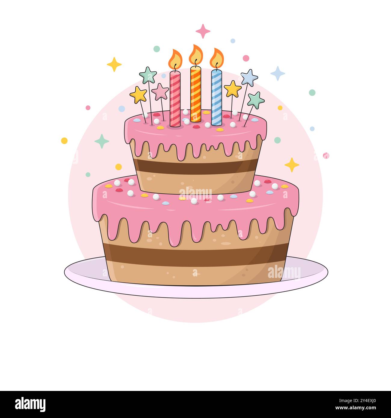 Bunte zweilagige Geburtstagskuche im Cartoon-Stil mit Kerzen und Sternen auf der Oberseite und farbenfrohem Konfetti auf Creme. Party Schokoladenkuchen Vektor. Stock Vektor