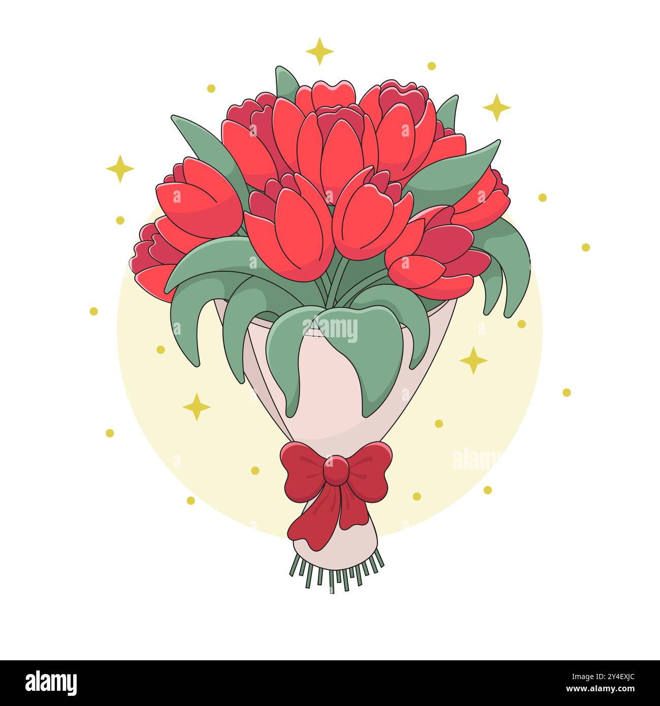Wunderschöner Blumenstrauß in Papierverpackung mit einer roten Schleife auf einem Hintergrund aus goldenen Sternen und Glitzer. Geschenk-Blumenstrauß der roten Tulpen Vektor-Illustration. Stock Vektor
