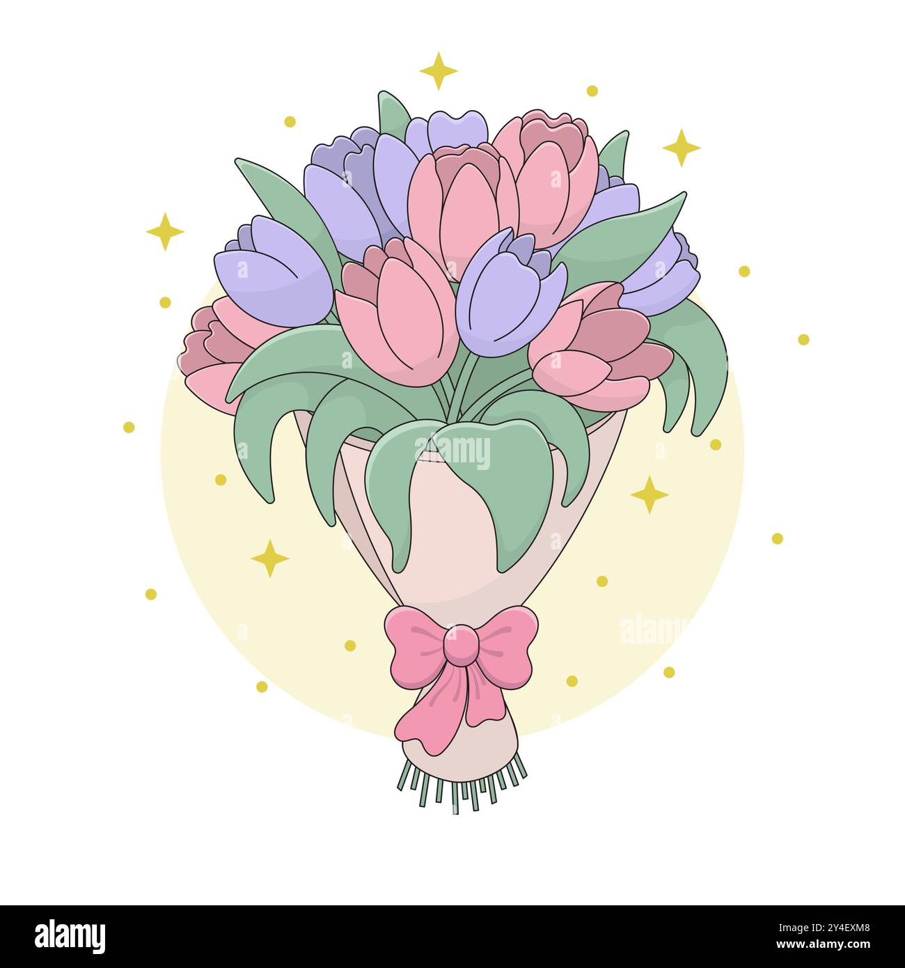 Ein süßer Blumenstrauß in Papierverpackung mit einer rosa Schleife auf einem Hintergrund aus goldenen Sternen und Glitzer. Geschenk-Blumenstrauß der Tulpen Vektor-Illustration. Stock Vektor