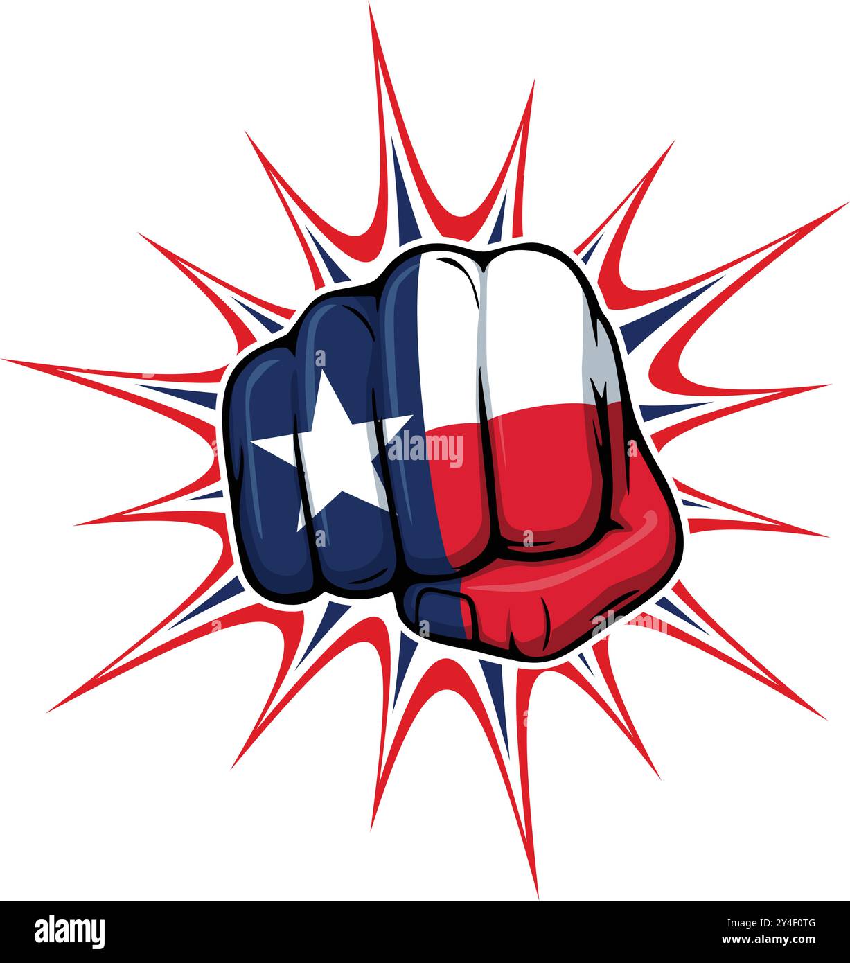 Leistungsstarke Stanzfaust Vorderansicht mit Comic-Explosion texas tx Zustand Flagge Illustration Vektor auf transparentem Hintergrund Stock Vektor