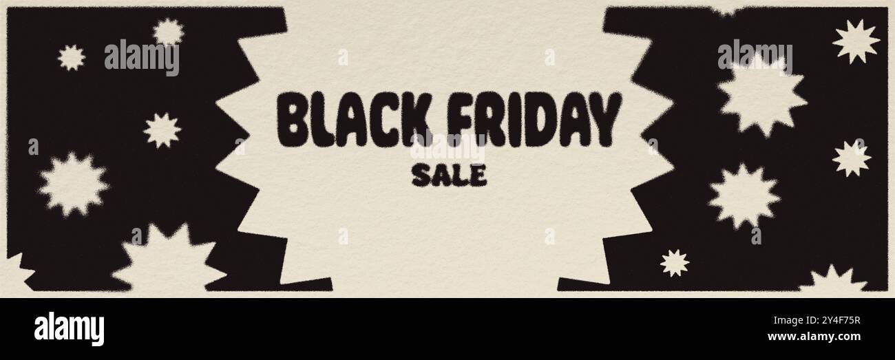 Sprechblase mit Text BLACK FRIDAY SALE in Fettdruck, umgeben von schwarzem Hintergrund und verstreuten Sternen. Stockfoto