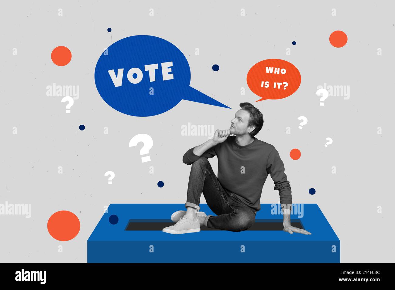 Zusammengesetzte Fotocollage des gesinnten Mannes sitzen Wahlboxen Blasendilemma Fragezeichen Wahlentscheidung isoliert auf gemaltem Hintergrund Stockfoto