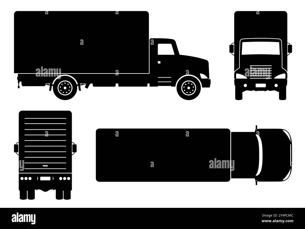 Lkw-Silhouette auf weißem Hintergrund. Die Fahrzeugsymbole bestimmen die Ansicht von der Seite, von vorn und hinten. Stock Vektor