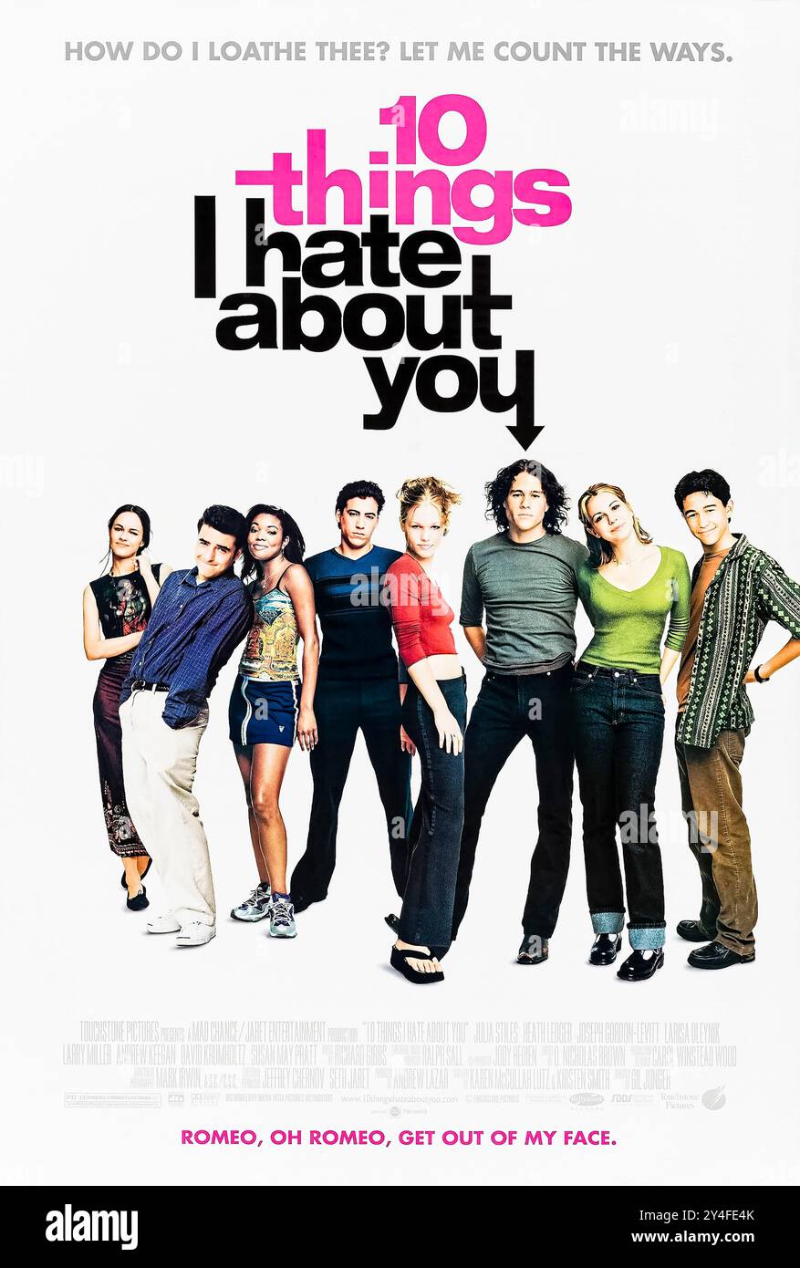 10 Things I Hate About You (1999) von Gil Junger mit Heath Ledger, Julia Stiles und Joseph Gordon-Levitt. Eine Adaption von Shakespeares Stück The Taming of the Shrew - Ein High-School-Junge, Cameron, kann Bianca erst treffen, wenn ihre antisoziale ältere Schwester Kat einen Freund hat. Cameron bezahlt also einen mysteriösen Jungen, Patrick, um Kat zu bezaubern. Foto eines Original-Posters aus dem Jahr 1999 (USA) ***NUR FÜR REDAKTIONELLE ZWECKE***. Quelle: BFA / Touchstone Pictures Stockfoto