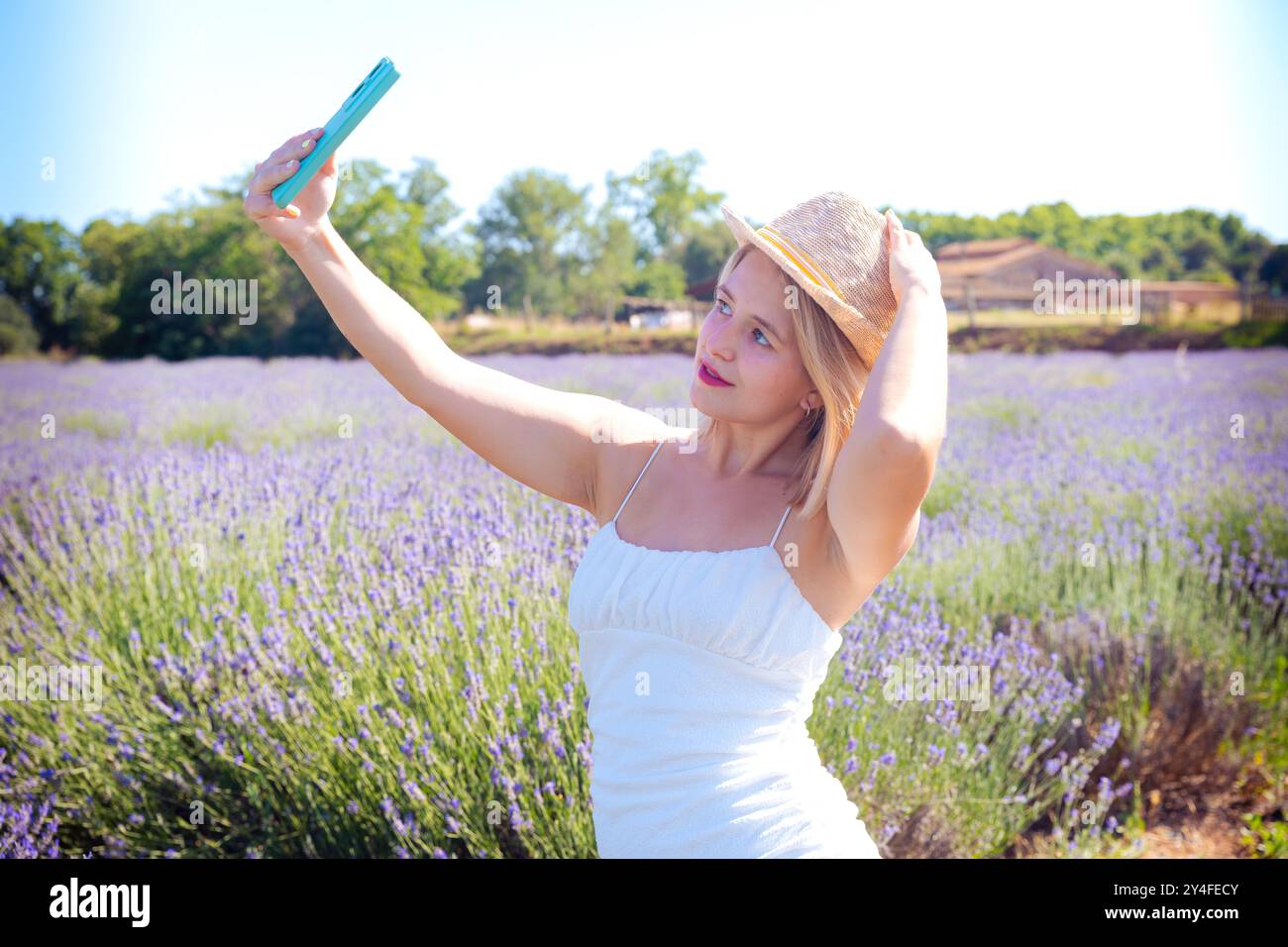 Junge kaukasische Frau, die ein Selfie im Lavendelfeld macht Stockfoto