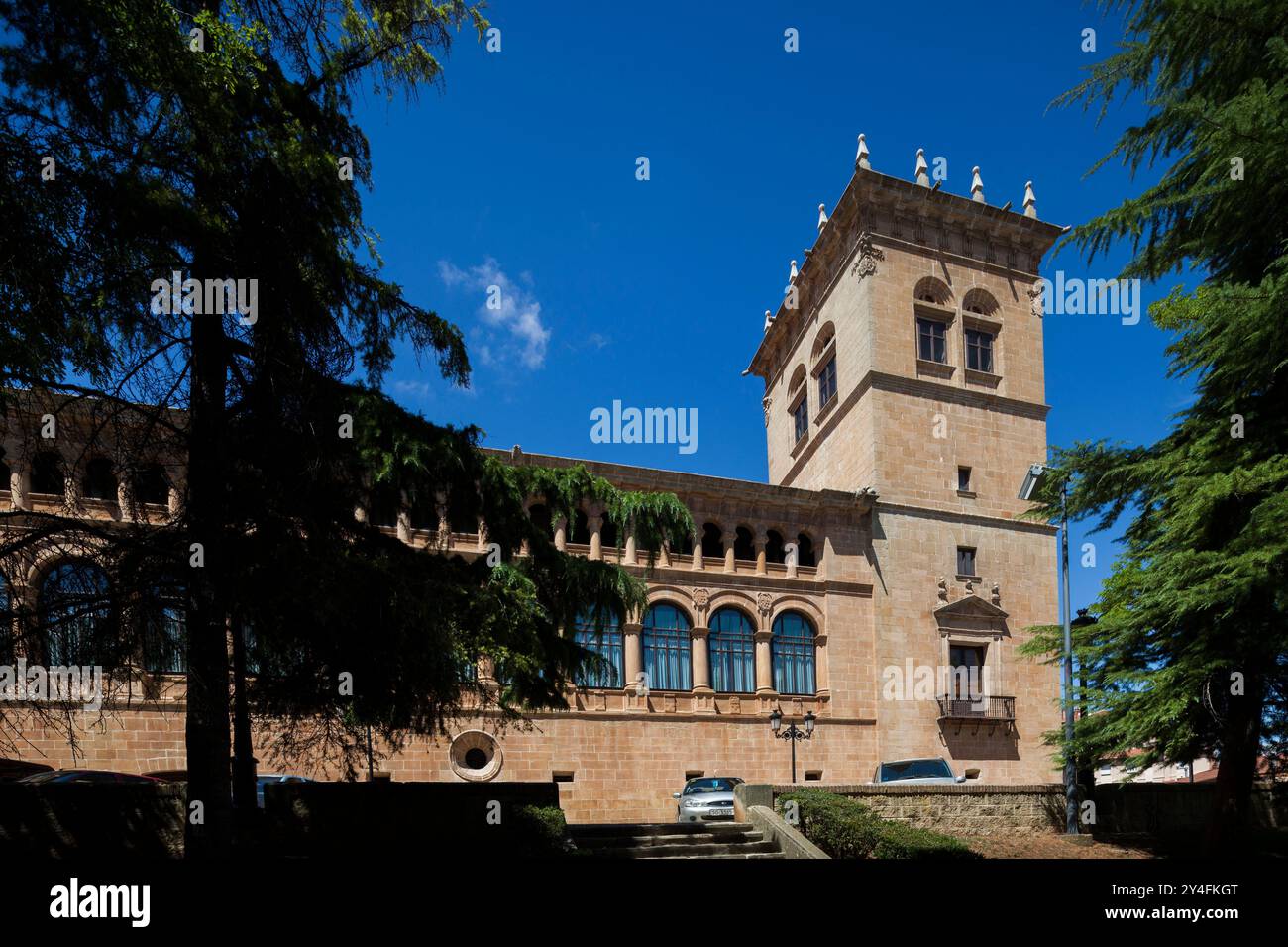 Blick auf den Palacio de los Condes de GÃ³mara in Soria, Spanien, ein historisches Gebäude mit einem hohen Turm und Bogenfenstern. Stockfoto