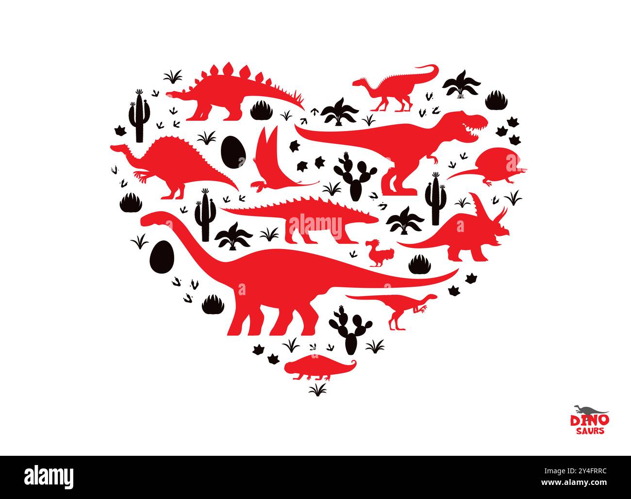 Herzform, ich liebe Dinosaurier-Banner. Schwarze und rote Vektor-Silhouetten in Herzform symbolisieren die Leidenschaft für alte Kreaturen. T-rex-, Brachiosaurus- und triceratops-Arten Stock Vektor