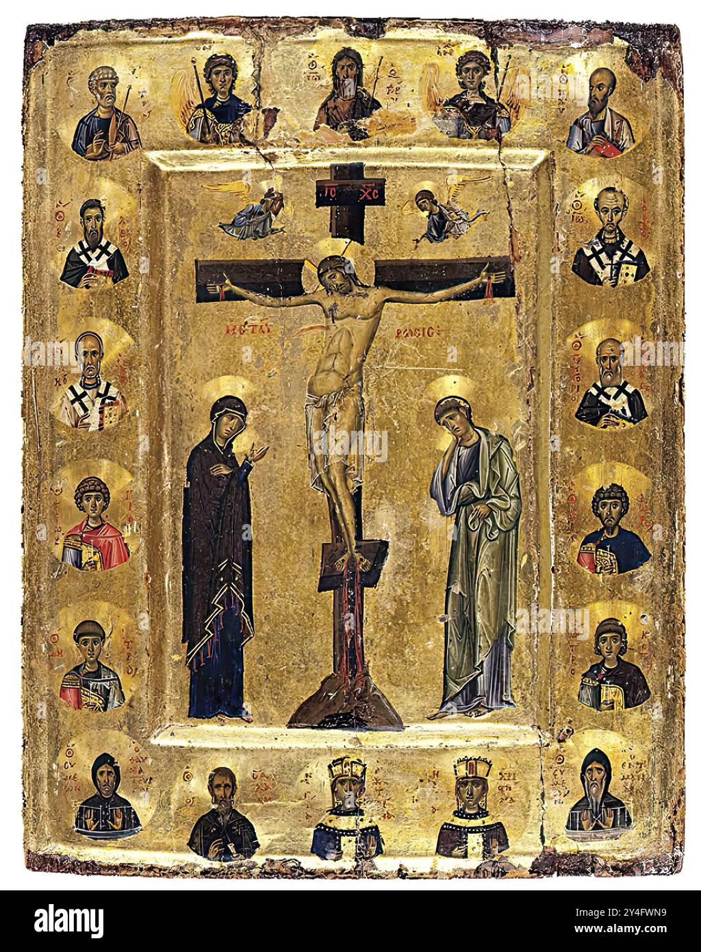 7317. Ikone aus dem Katharinenkloster in Sinai, das die Kreuzigungsszene mit Heiligen zeigt, datiert um 1100. Stockfoto