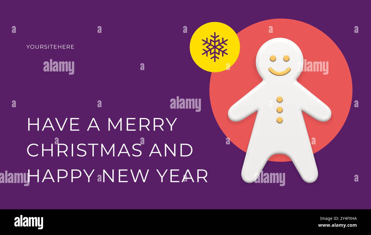 Frohe Weihnachten lila dekorative Banner Vorlage mit Lebkuchenmann und Schneeflocke 3D Icon Vektor Illustration. Happy Xmas feiert festliche Kongratation Stock Vektor