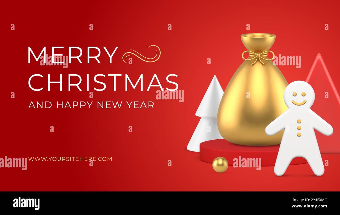 Mode rot Frohe Weihnachten Gratulation Web Banner Vorlage Lebkuchen Mann realistische 3D Icon Vektor Illustration. Happy New Year-Poster mit goldener Prem Stock Vektor