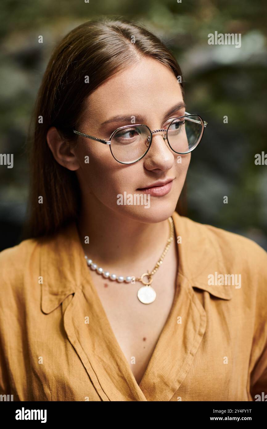 Eine junge Frau genießt ihre Erfahrung in einem lebendigen Café und strahlt Selbstvertrauen und Freude aus. Stockfoto