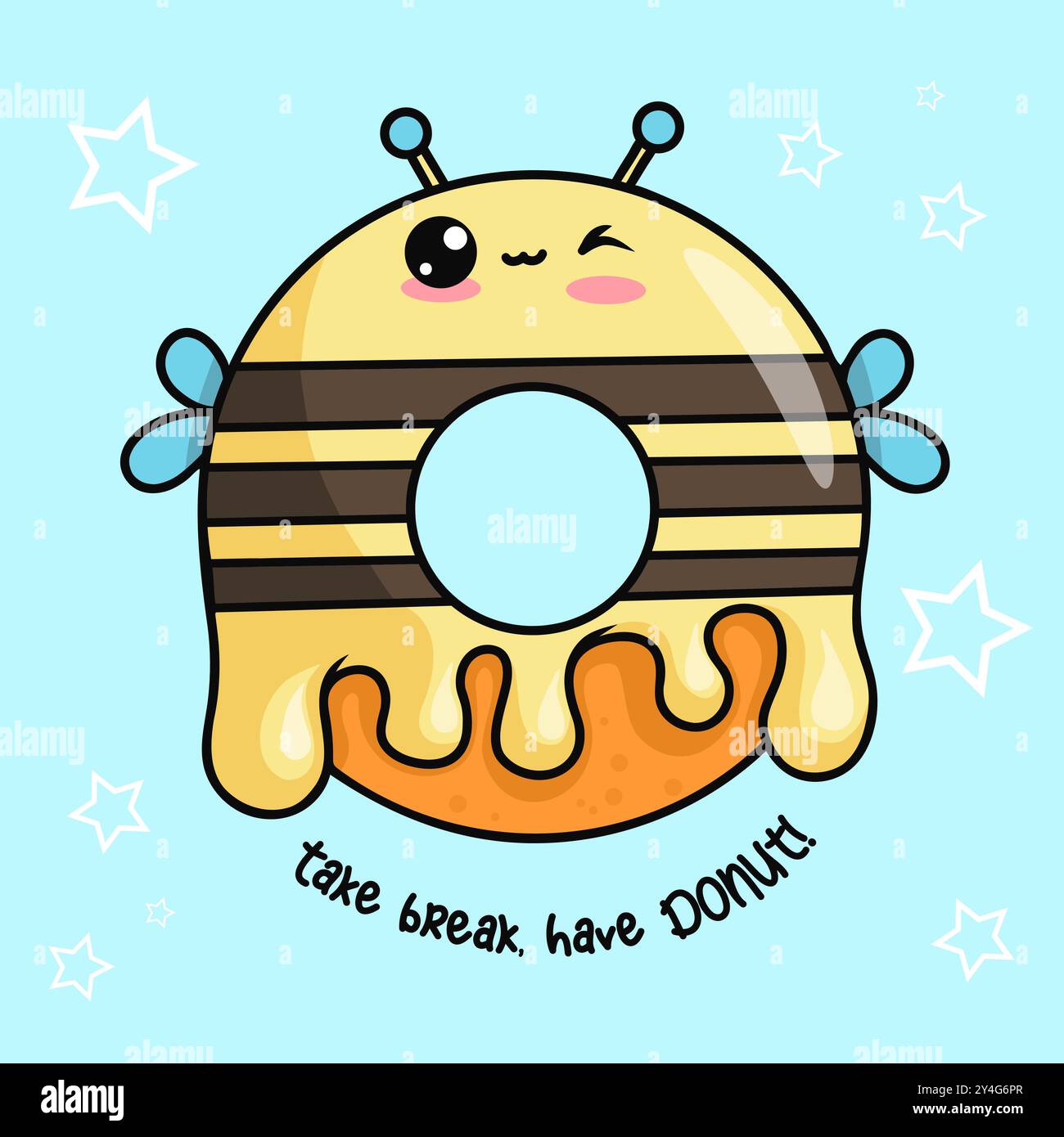 Süße Donut-Biene mit Tropfenglasur. Lustige Karte mit köstlichem Gebäck, Cartoon-Kawaii-Charakter-Essen. Vektorabbildung. Kinderkollektion Stock Vektor