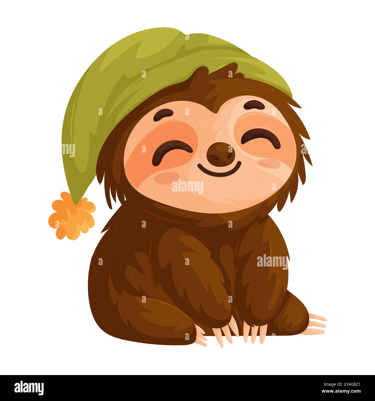 Niedliches Cartoon-Faultier mit grünem Hut, sitzend und lächelnd, vermittelt eine fröhliche und entspannte Stimmung in einem niedlichen Stil. Stock Vektor