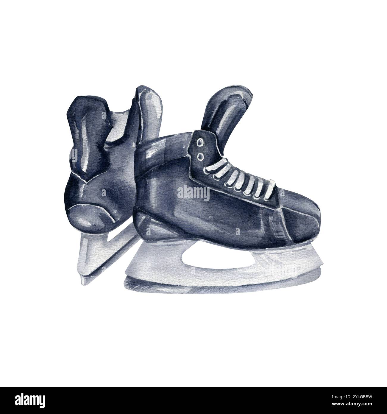 Eishockeyschuhe, Paar schwarze Männer Hockeyschuhe, Aquarellskizze der Sportausrüstung isoliert auf weißem Hintergrund, Hockeyuniform für Männer, für sp Stockfoto