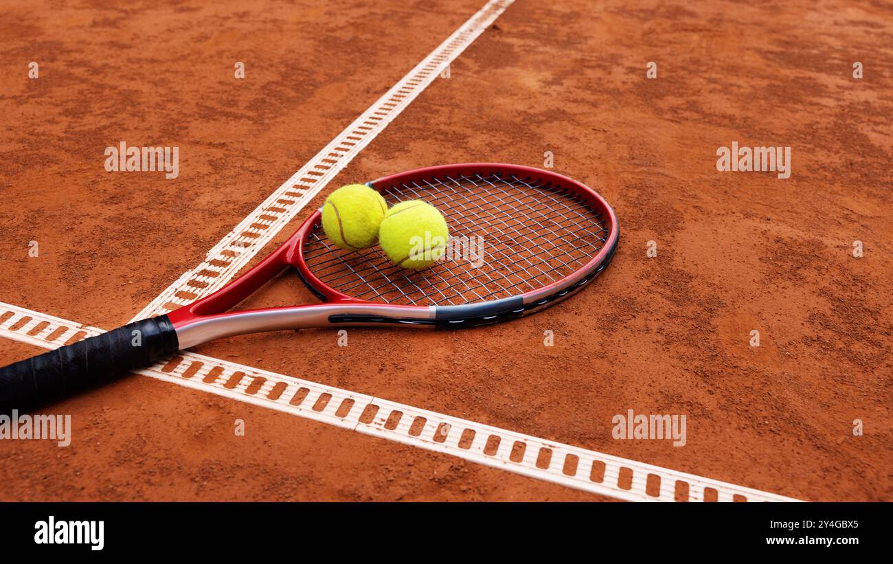 Tennisschläger mit zwei Bällen auf dem Tonplatz Stockfoto