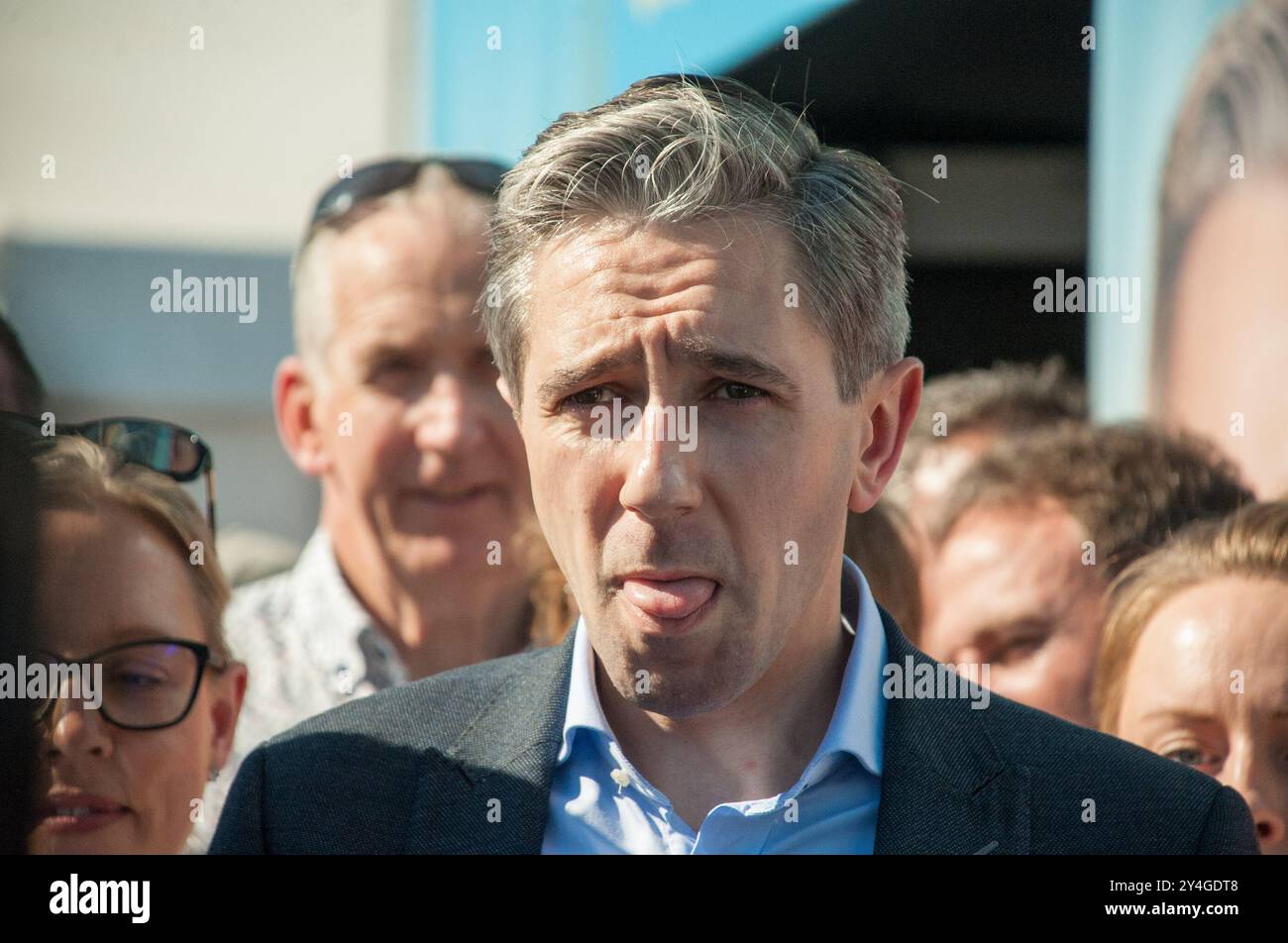 Irland, 17.09.2024, Simon Harris sprach bei der nationalen Pflugmeisterschaft 2024 vor der Presse. Kredit: Karlis Dzjamko Stockfoto