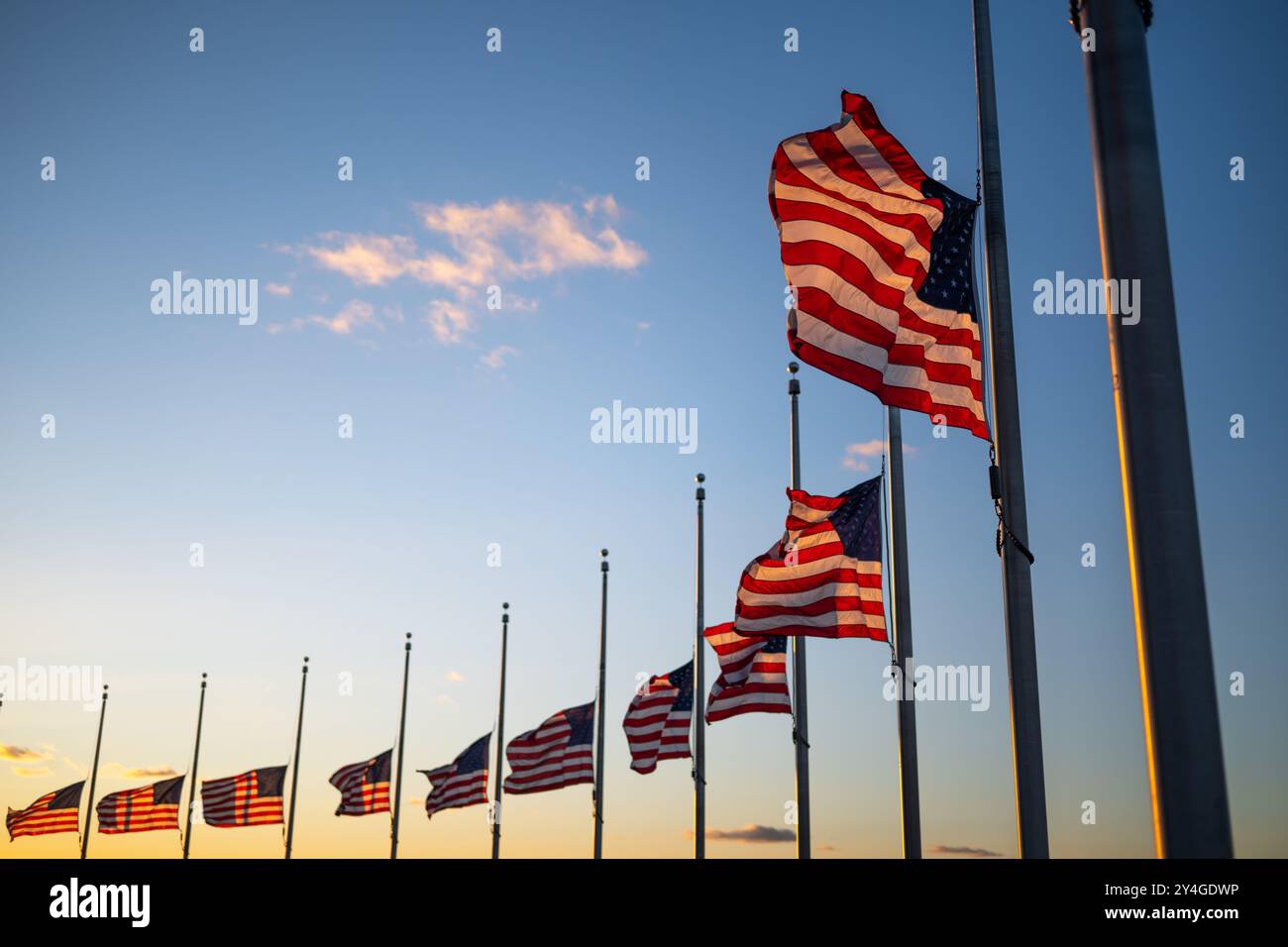 Washington DC | WASHINGTON D.C., Vereinigte Staaten – Eine Reihe amerikanischer Flaggen fliegt mit Halbmast gegen einen Himmel in der Abenddämmerung in der Nähe des Washington Monuments, das Teil des Circle of Flags ist, der die Basis des Obelisken auf der National Mall umgibt. Die 50 Flaggen repräsentieren die fünfzig staaten, die während nationaler Trauerperioden unter der Präsidentschaftsproklamation zusammen gesenkt wurden. Stockfoto