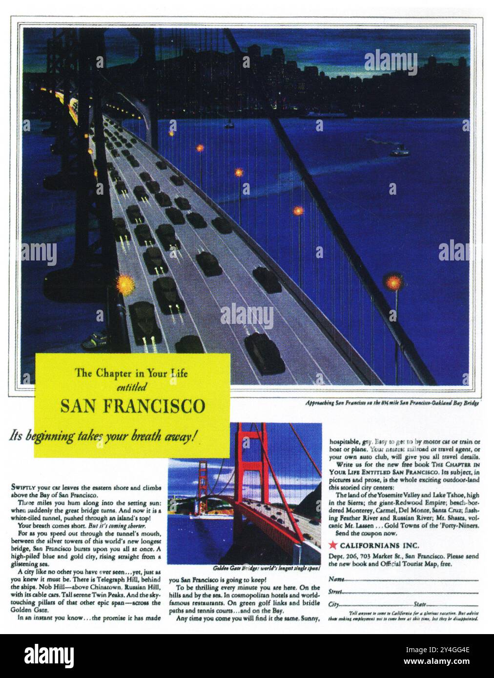 1937 Californians Inc Ad -San Francisco - Golden Gate Bridge Stockfoto