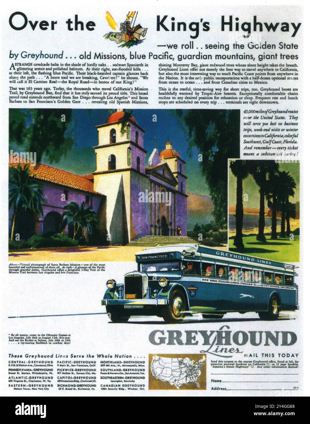 1932 Greyhound-Buswerbung - Santa Barbara Mission Stockfoto