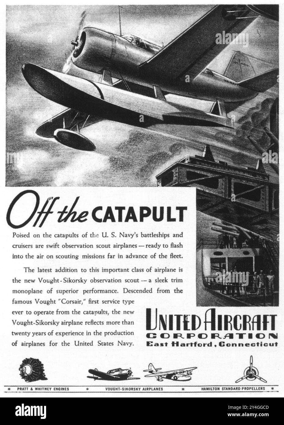 1939 United Aircraft Corporation Ad - Off the Catapult - Vought-Sikorsky Beobachtungsflugzeug Stockfoto