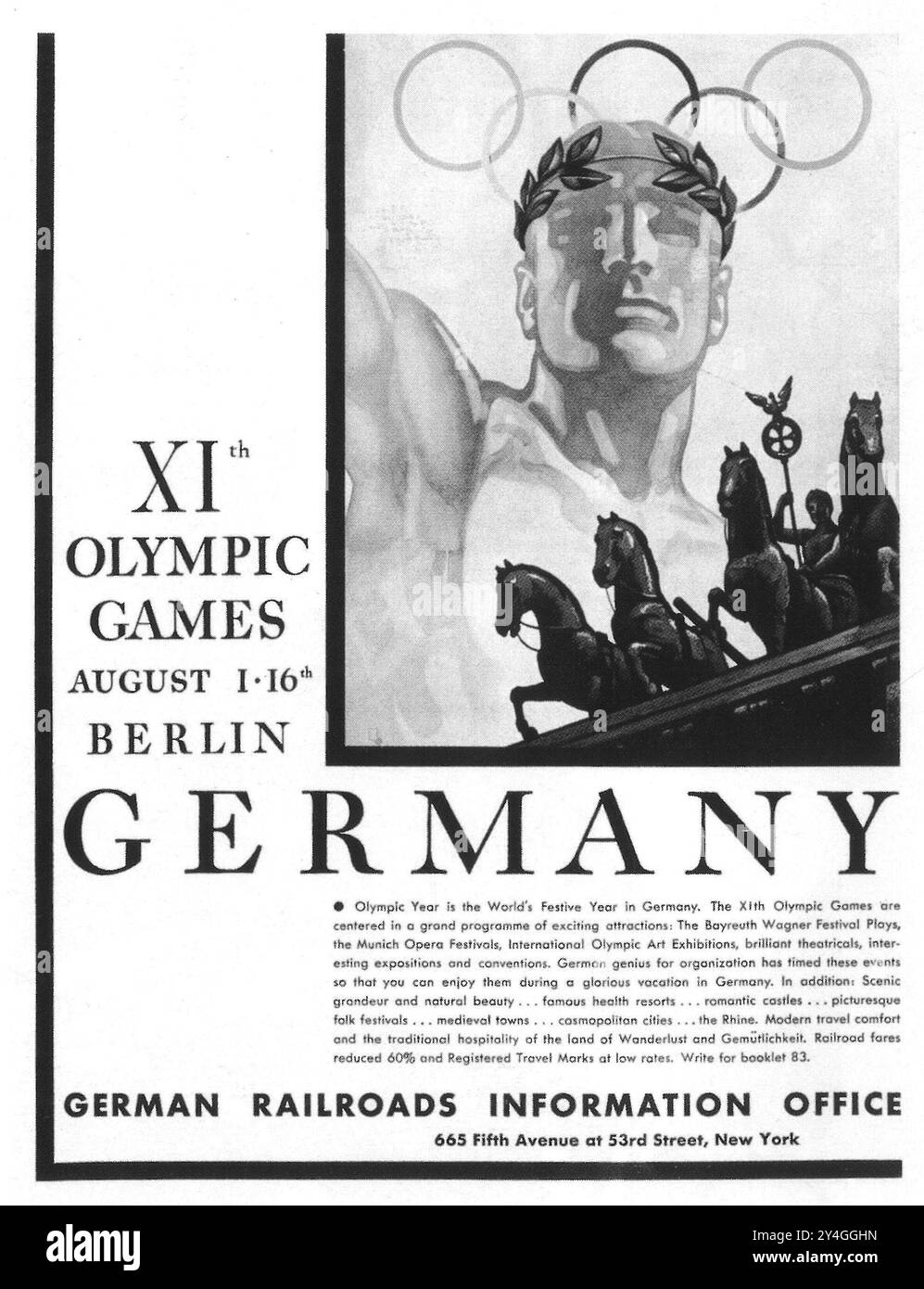 1936 Deutsche Eisenbahninformationsstelle Ad - 11. Olympische Spiele August 1-16 Berlin Stockfoto