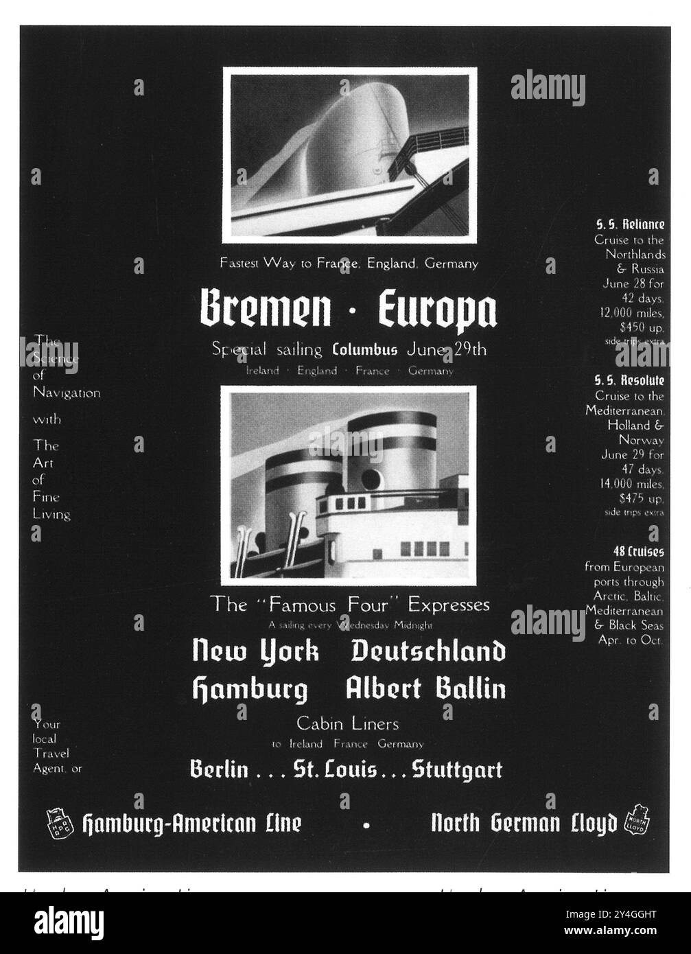 1935 Hamburg-American Line Cruises Ad - Bremen-Europa Stockfoto