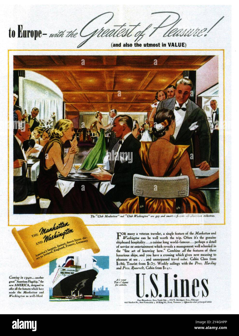1939 U.S.Lines Ad – Flaggschiff AMERIKA Stockfoto