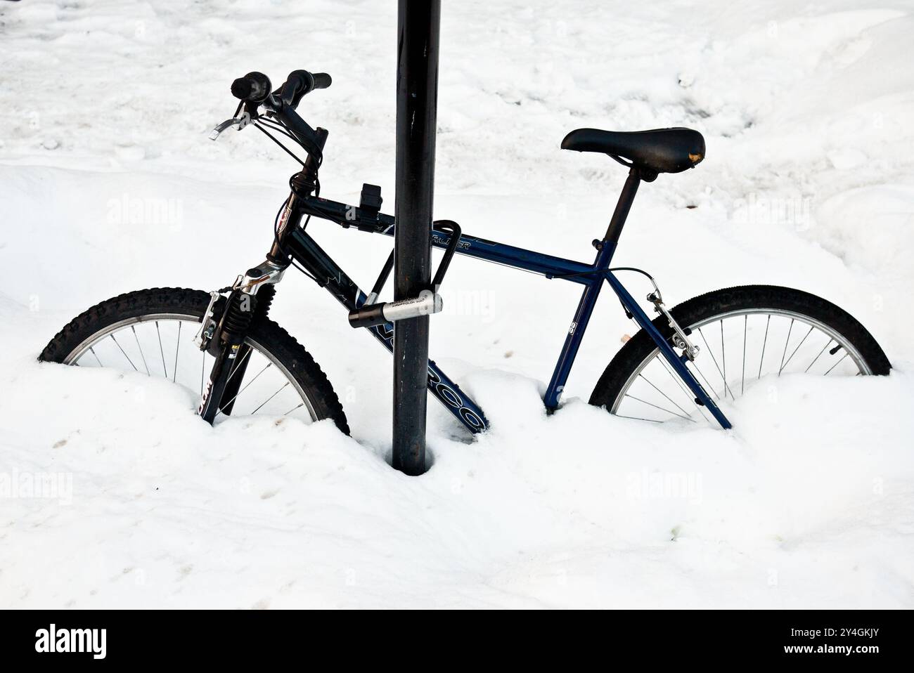 Fahrrad in Schnee begraben Montreal Kanada // MONTREAL, Kanada — Ein Fahrrad, das an einen Wegweiser gekettet ist, steht halb begraben im angesammelten Schnee auf einer Straße in Montreal. Das Fahrrad scheint bei winterlichem Wetter verlassen zu sein, da der Schnee hoch genug ist, um etwa die Hälfte des Rahmens und der Räder zu bedecken. Montreal erhält in der Regel jährlich mehr als 200 Zentimeter (79 Zoll) Schneefall, was das ganze Jahr über große Herausforderungen für Radfahrer darstellt. Die Stadt unterhält ein Netz von Radwegen im Winter, obwohl viele Einwohner ihre Fahrräder in den härtesten Wintermonaten drinnen lagern. Stockfoto