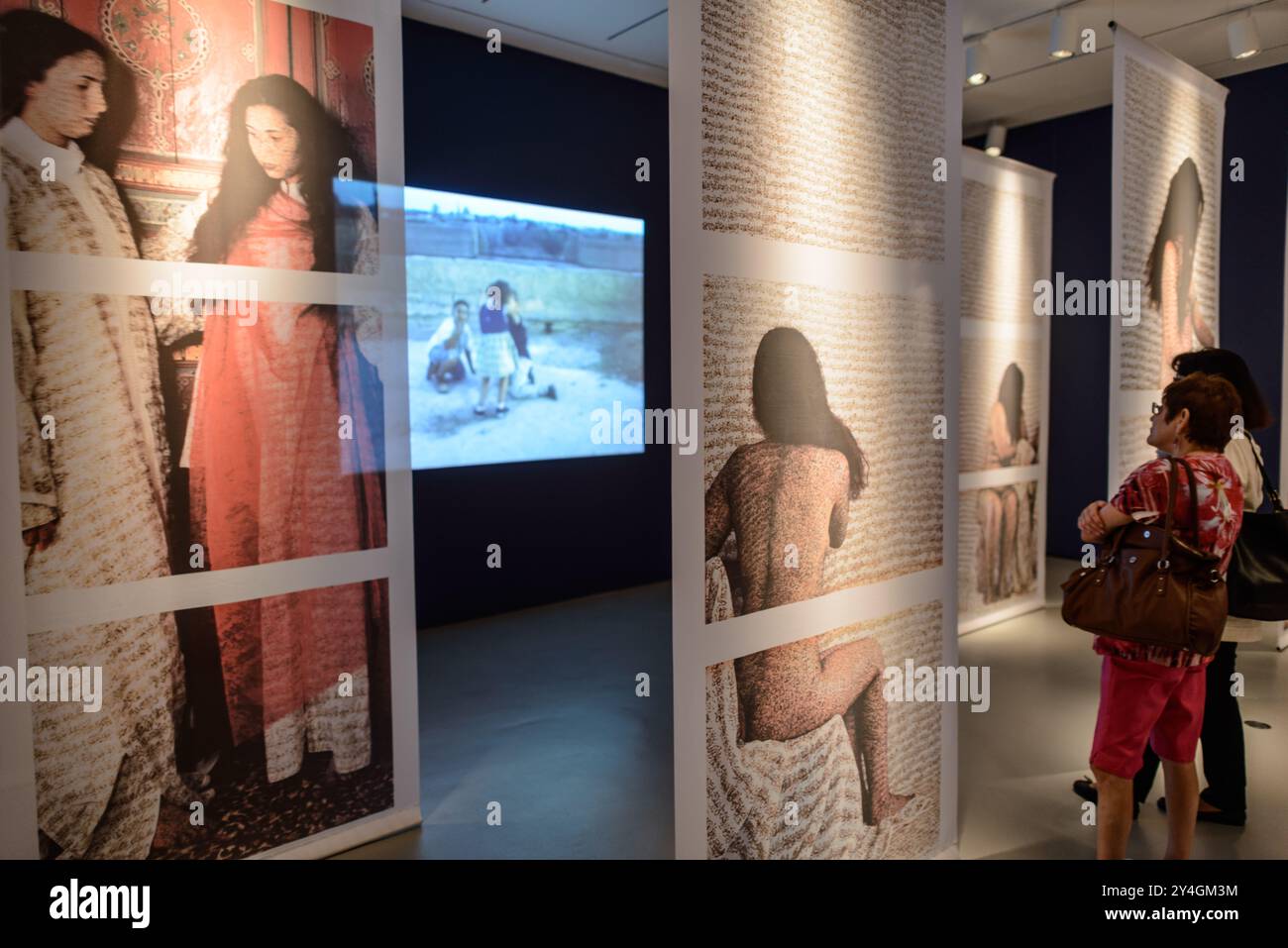 Lalla Essaydi Revisions Exhibit National Museum of African Art Washington DC | WASHINGTON D.C., Vereinigte Staaten – Ein Besucher untersucht in der Revisions-Ausstellung im Smithsonian National Museum of African Art Banner aus Lalla Essaydi's Les Femmes de Maroc-Serie sowie Archivfilme aus Marokko. Essaydi, geboren in Marrakesch, reinszeniert orientalistische Bilder, um arabische weibliche Identität und Geschlechterrollen zu befragen. Die Ausstellung befindet sich in einer Galerie im größtenteils unterirdischen Gebäude des Museums an der National Mall. Stockfoto