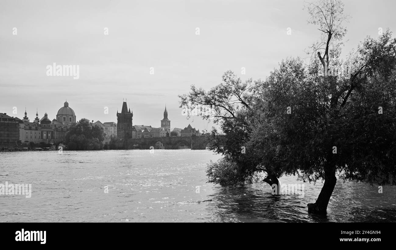 Hohe Wasserstände auf der Moldau nach dem Sturm Boris verursachten sintflutartige Regenfälle und Überschwemmungen in Mittel- und Osteuropa, in Prag, Tschechien am 17 Stockfoto