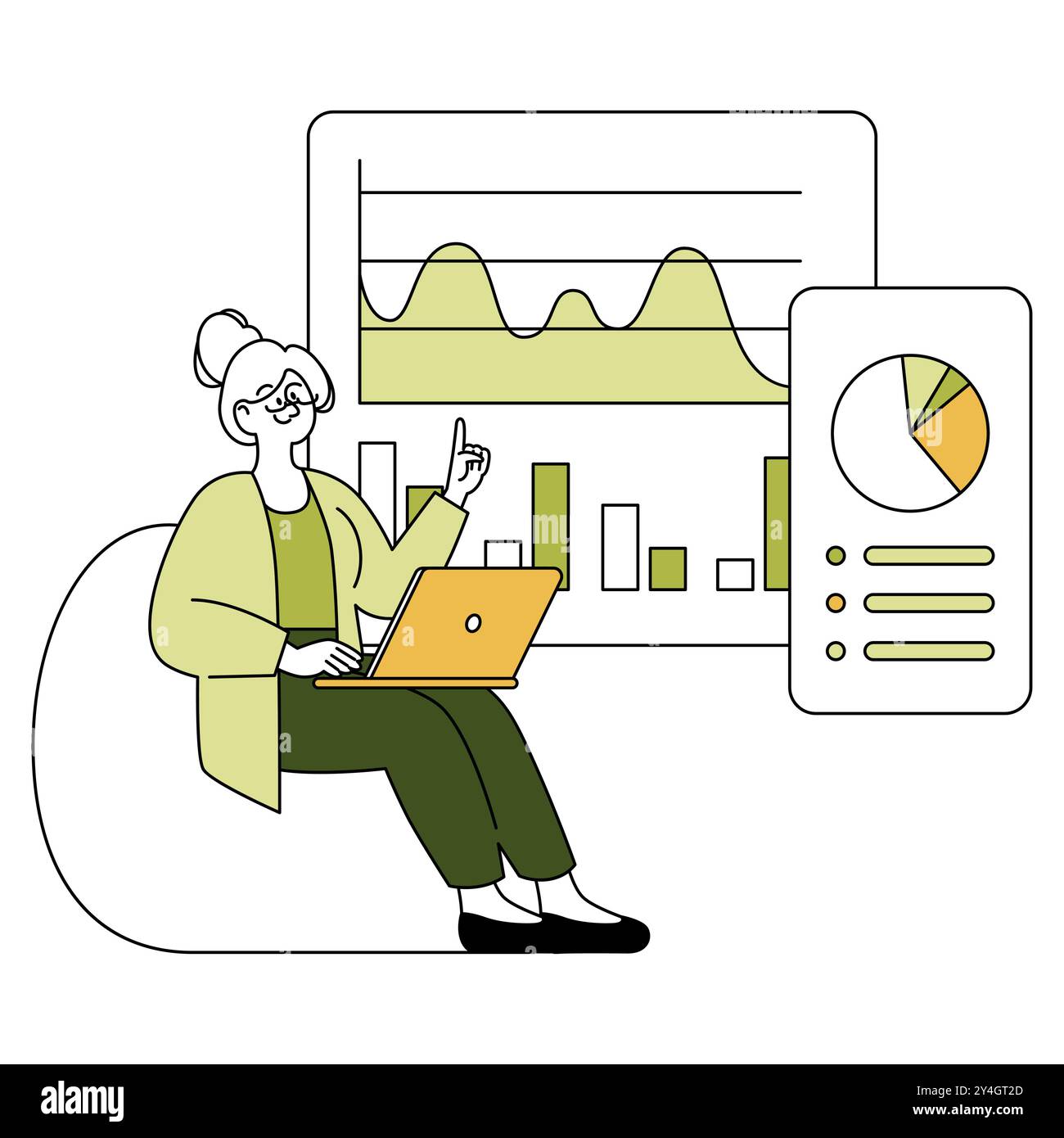 Erfahrene Geschäftsfrau analysiert Datentrends auf Notebooks mit Diagrammen und Diagrammen im Hintergrund. Büroproduktivität und Analysenkonzept. Vektorabbildung. Stock Vektor