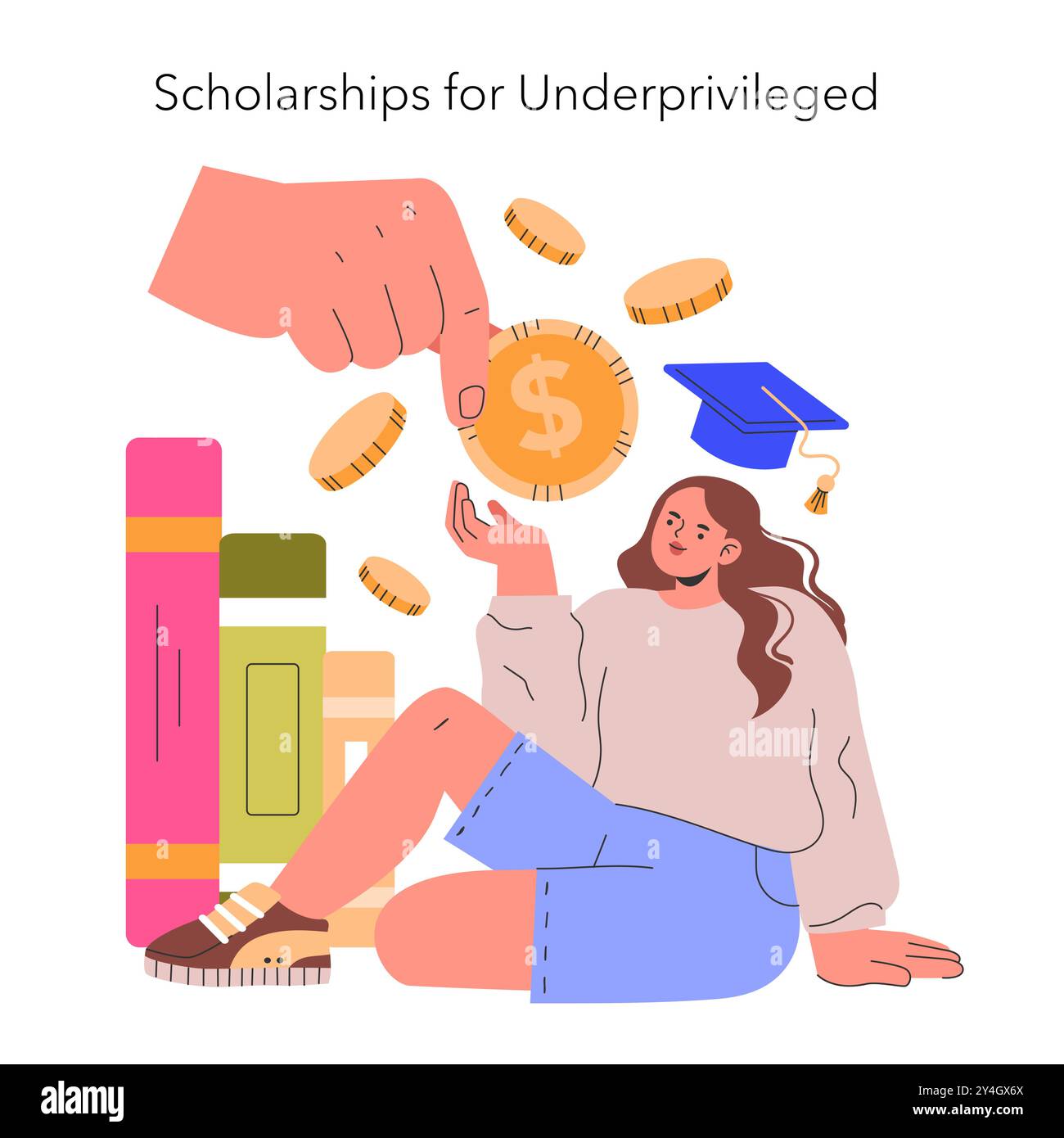 Stipendienfondskonzept. Illustration der finanziellen Hilfe für bedürftige Studierende mit Büchern und Graduiertenkappensymbolen. Bildungsförderung, Investitionen in künftige Führungskräfte. Vektorabbildung. Stock Vektor