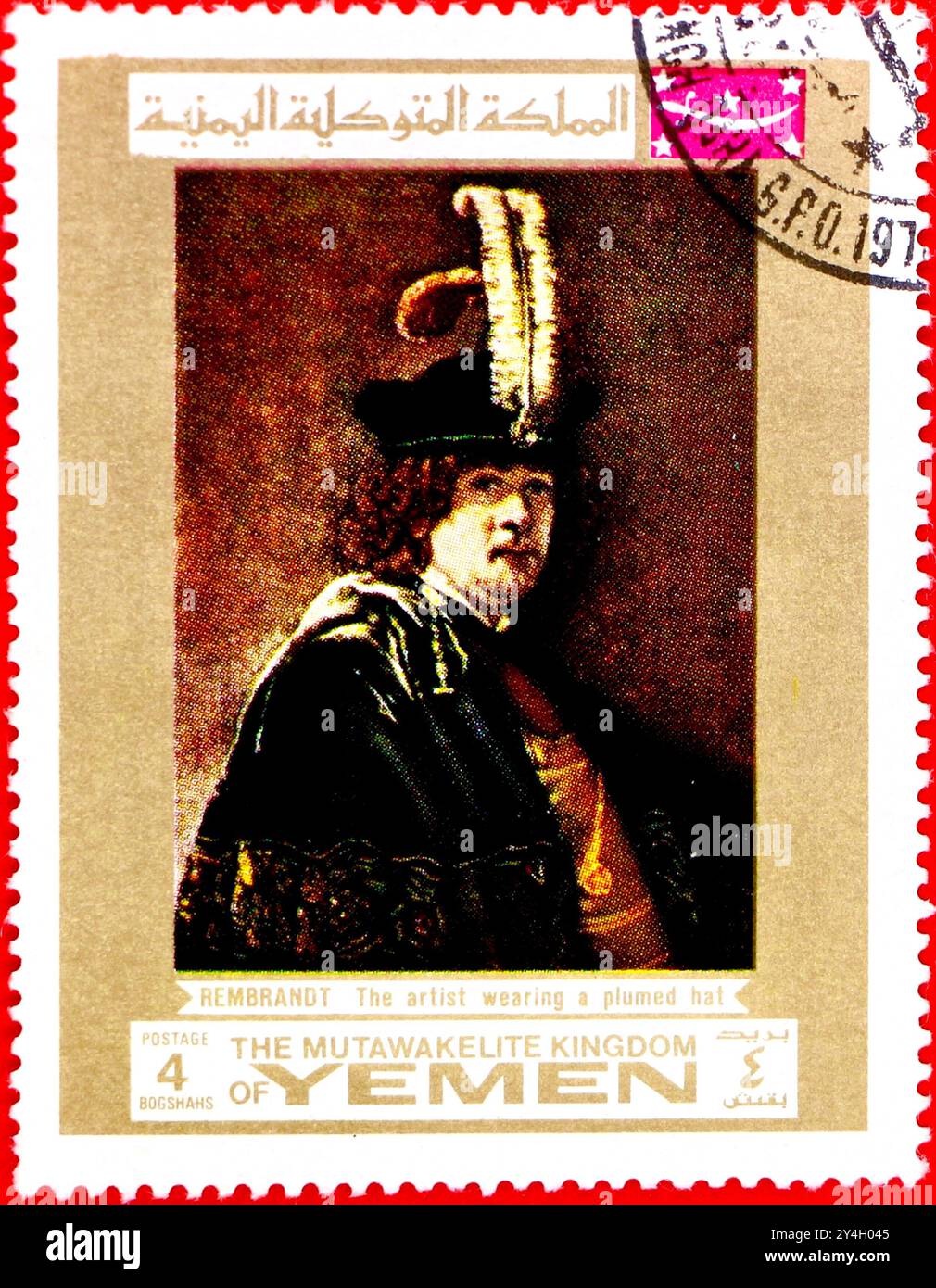 Foto einer 1969 4 jemenitischen Buqsha-Briefmarke mit einem Selbstporträt mit Federhutgemälde des niederländischen Künstlers Rembrandt Harmenszoon van Rijn Stockfoto