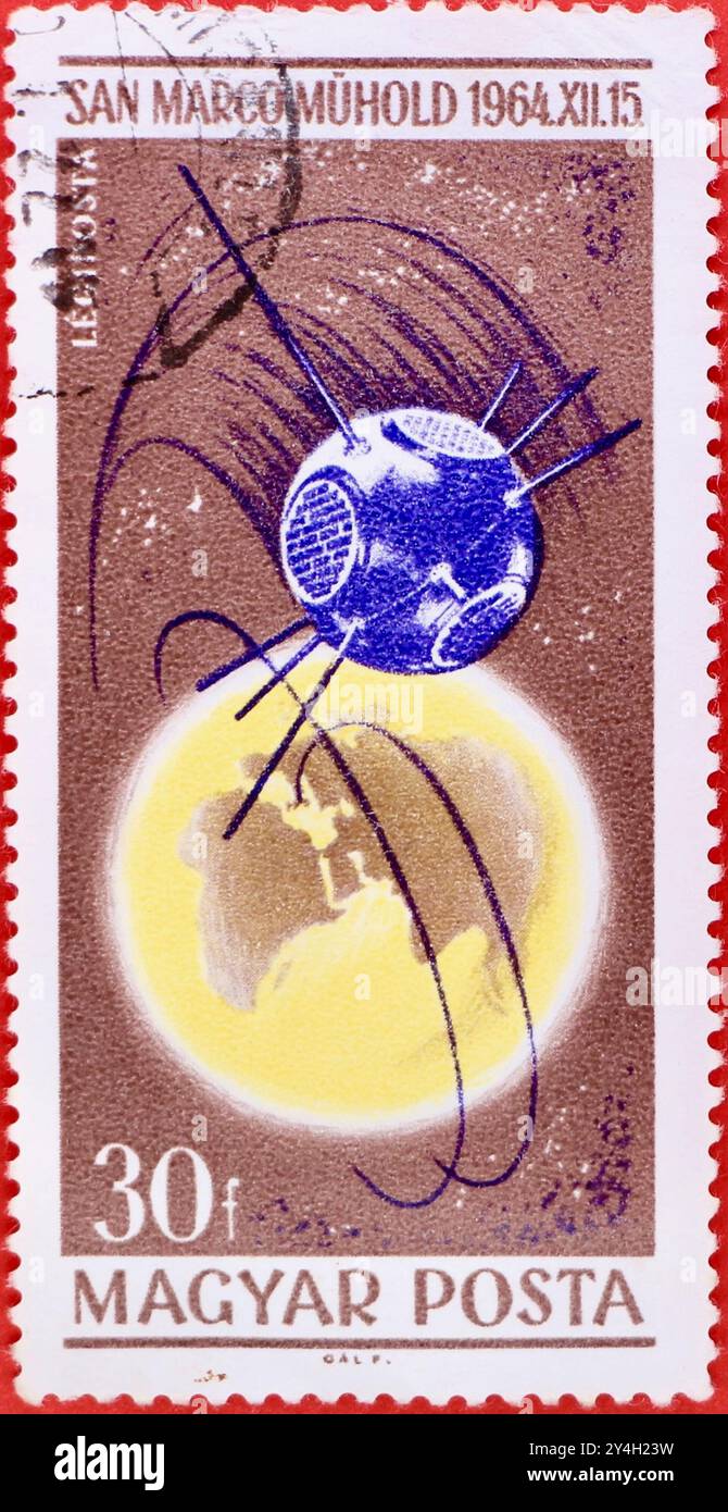 Foto einer ungarischen Filler-Briefmarke aus dem Jahr 30 mit dem ersten italienischen San Marco 1-Satelliten aus der Weltraumforschungsreihe 1965 Stockfoto