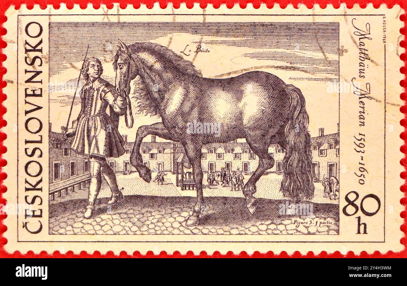 Foto einer tschechoslowakischen Briefmarke von 80 haléř mit dem Gravur-Bräutigam Leading Horse von Matthaus Merian 1626 aus der Reiten auf alten Gravurserien Stockfoto