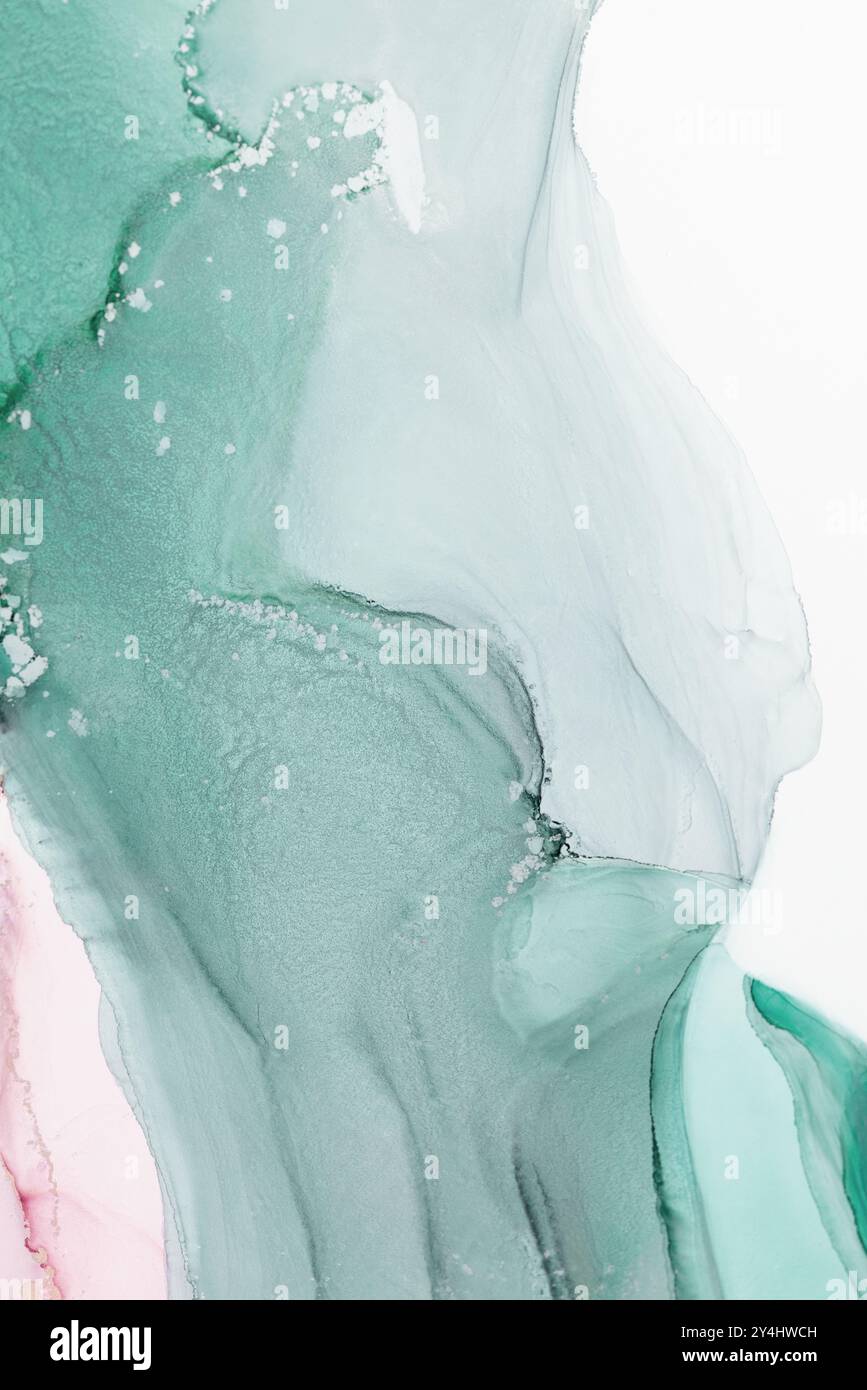 Elegantes abstraktes Kunstwerk in Grün und Pink mit fließenden Mustern und weichen Texturen, die mit gemischten Medientechniken erstellt wurden Stockfoto