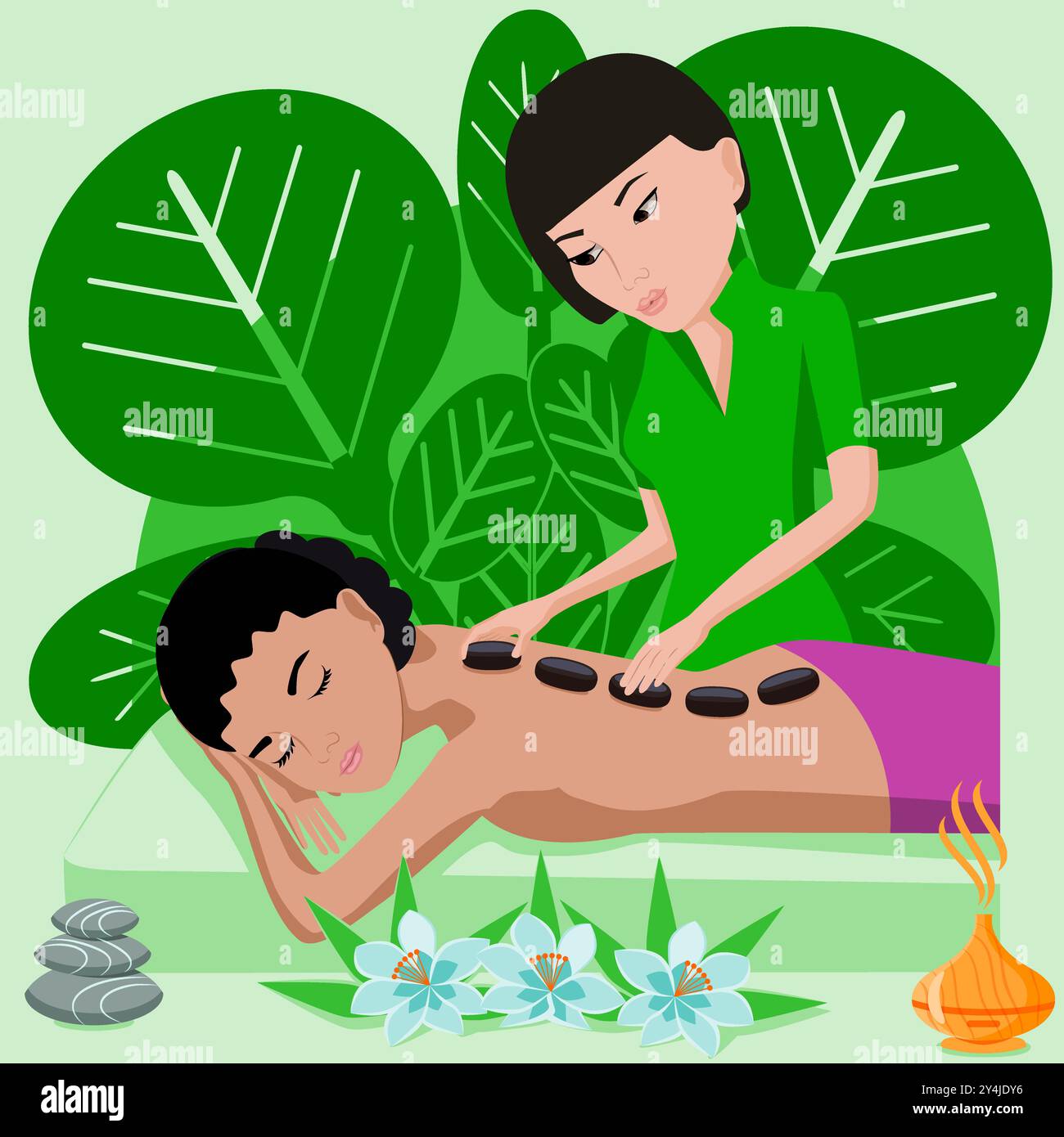 Hot Stone Massage. Therapie und Behandlung durch den professionellen Therapeuten im SPA. Abbildung isolierter flacher Vektor. Asiatische und indische ethnische Zugehörigkeit. Stock Vektor