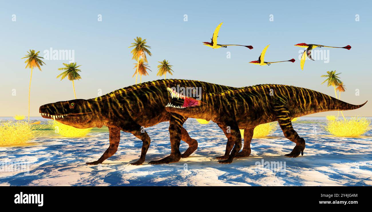 Batrachotomus Carnivore-Dinosaurier suchen nach Beute, während Eudimorphodon-Pterosaurier während der Triaszeit über ihnen fliegen. Stockfoto