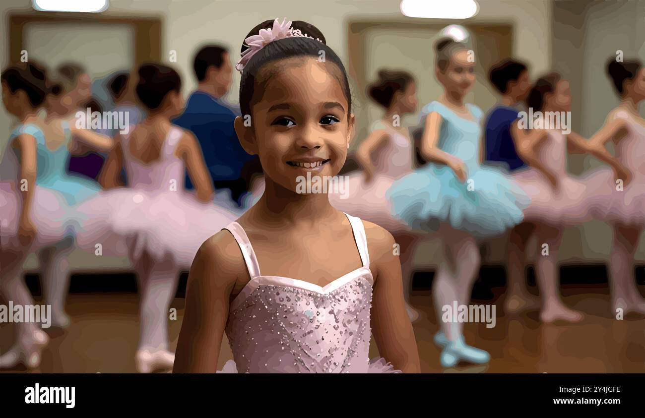 Ein junges Mädchen steht hinter der Bühne in ihrem Tutu, ihre Augen funkeln vor einer Mischung aus Nervosität und Freude, während sie sich auf ihre allererste Ballettaufführung vorbereitet. Stock Vektor