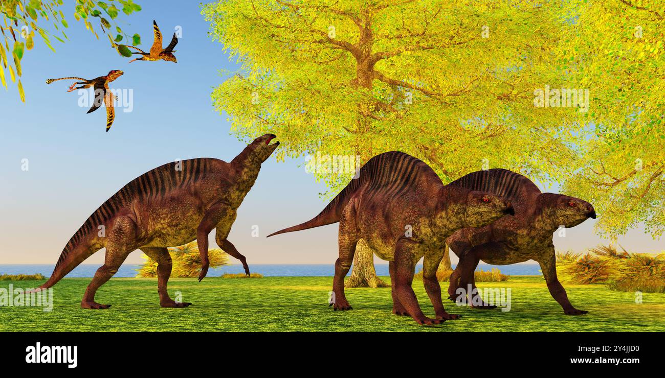 Lotosaurus adentis war ein pflanzenfressender poposauroider Dinosaurier, der während der Triaszeit in China lebte. Peteinosaurus Pterosaurier fliegen über drei Loto Stockfoto