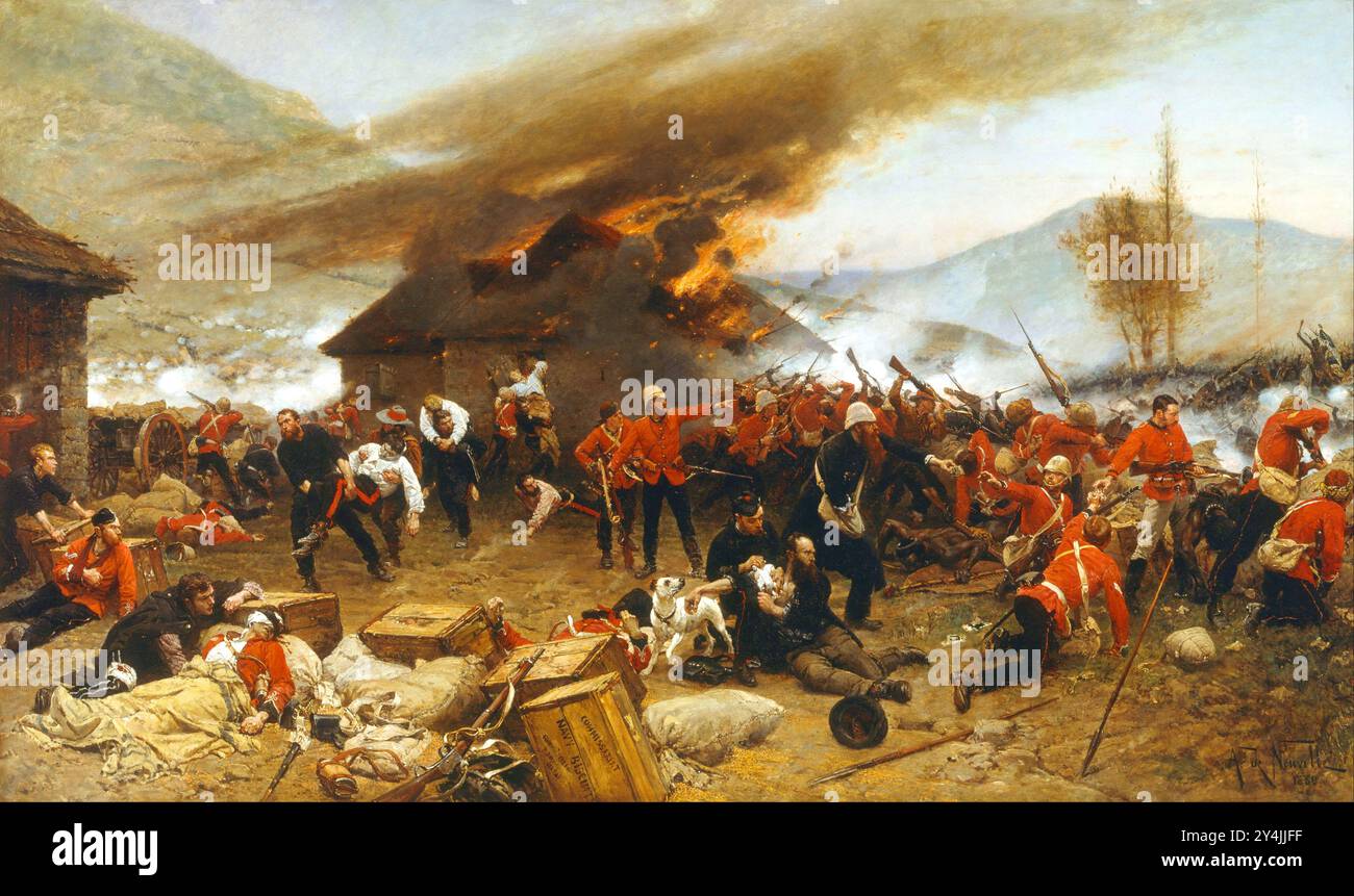 Die Verteidigung von Rorkes Drift von Adolph Alphonse de Neuville. Gemälde der Schlacht von Rorke's Drift, die 1879 während des Anglo-Zulu-Krieges in Natal stattfand. Stockfoto