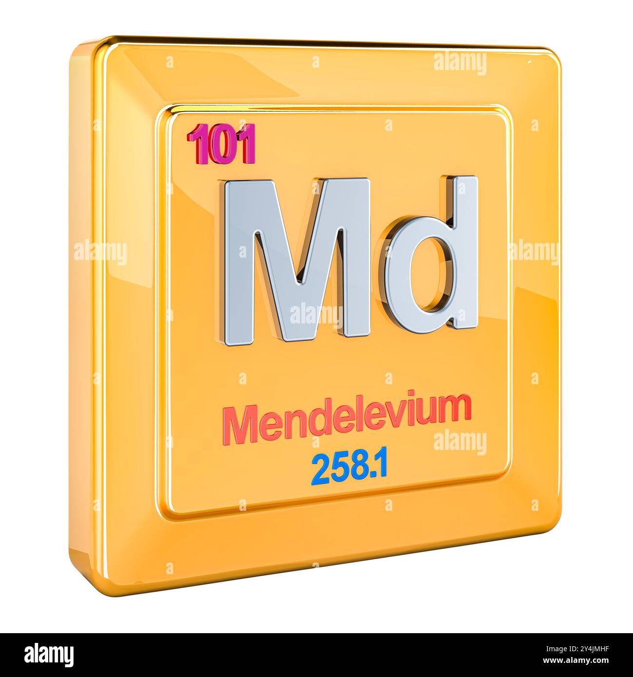 Mendelevium MD, chemisches Elementzeichen mit der Nummer 101 im Periodensystem. 3D-Rendering isoliert auf weißem Hintergrund Stockfoto