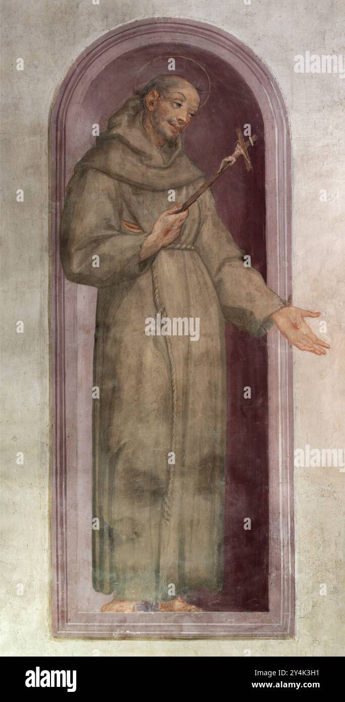 PERUGIA, ITALIEN - 15. MAI 2024: Das Fresko des hl. Franz von Assisi in der Kirche Chiesa di Santa Maria di Monteluce von unbekanntem Künstler. Stockfoto